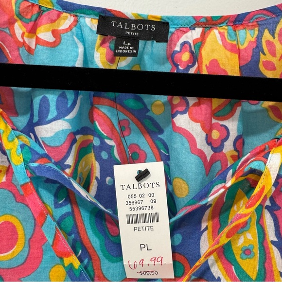 Talbots colorful 3/4 Sleeve Tassel Front v-neck Blouse, size Lp, 100% Cotton - Picture 4 of 6